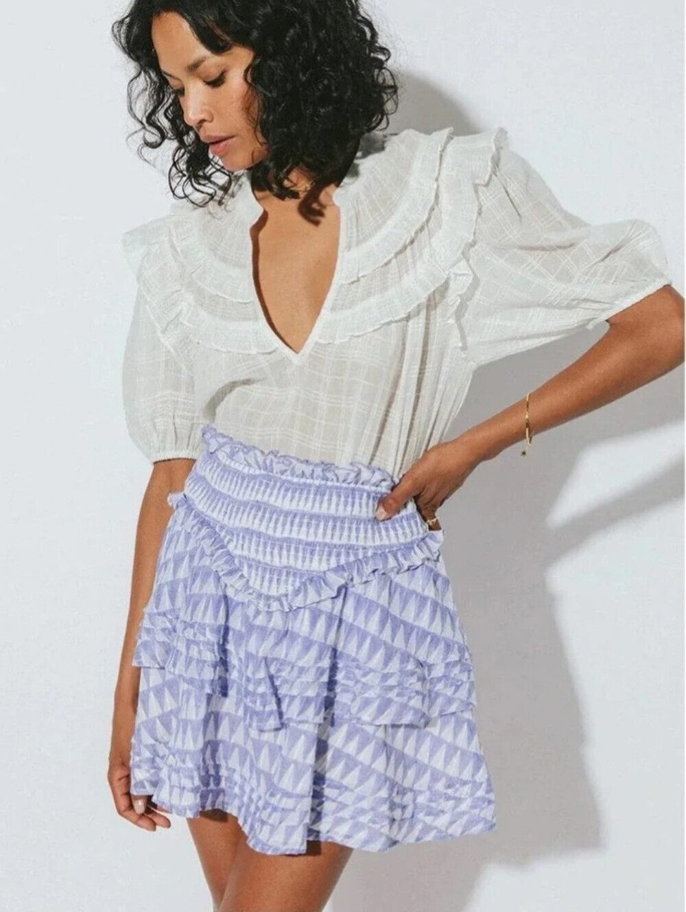 Cleobella Kenna Mini Tiered Skirt Indigo Triangle Print Size Small Purple White